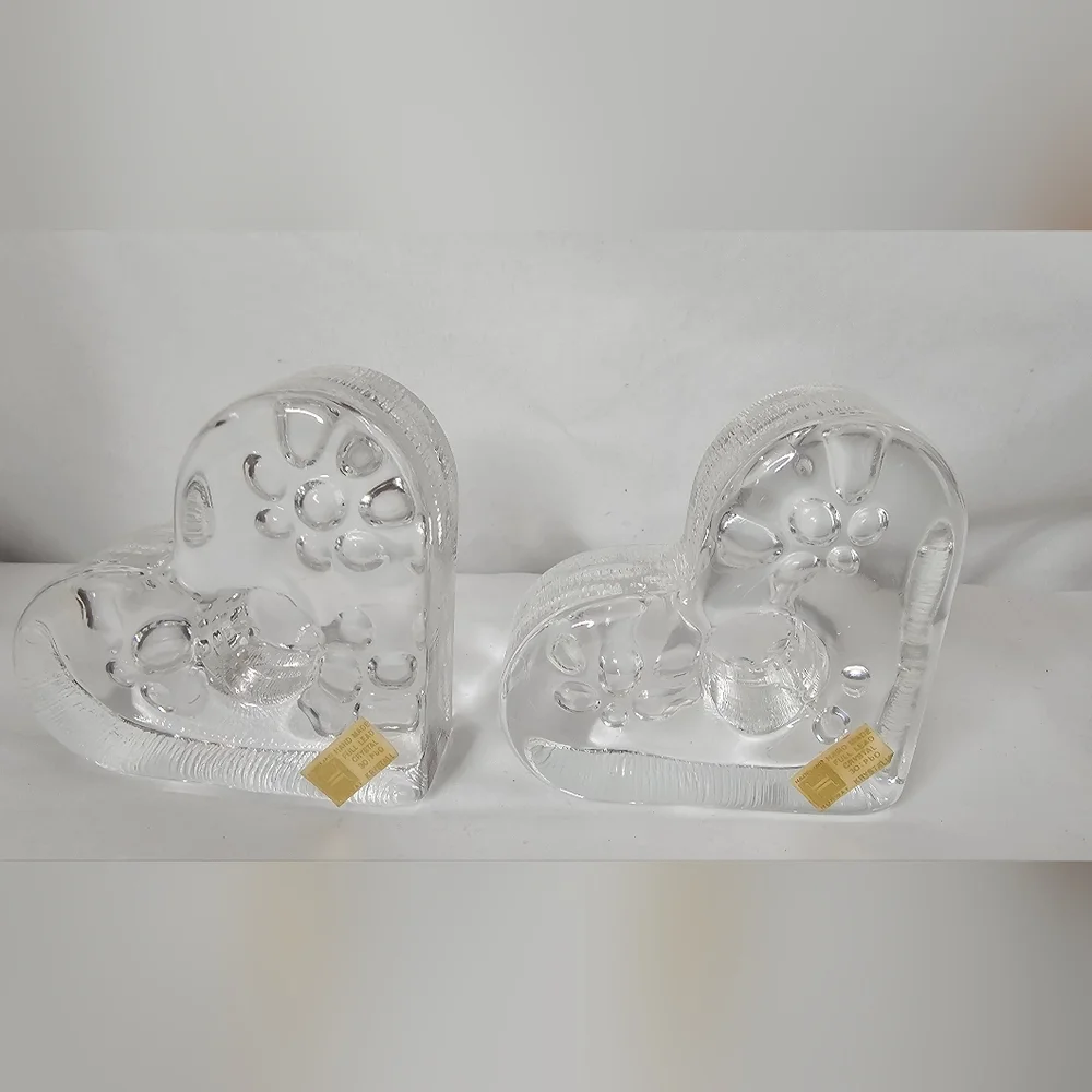 ​Hadeland Norway Glass Heart Candle Holder Pair Full Lead Crystal Handmade NOS